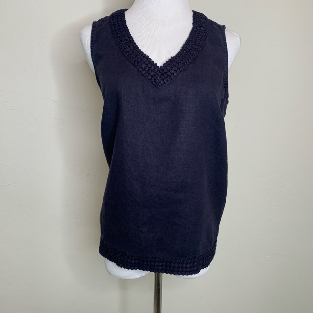 Liz Claiborne Sz Medium Navy Blue Linen Sleeveless Top Shell